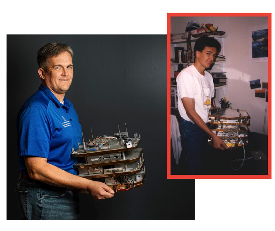 A divided image w在这里 one shows a younger man standing in a dorm room, 拿着一件设备, while the other shows a professor holding the same piece of equipment.